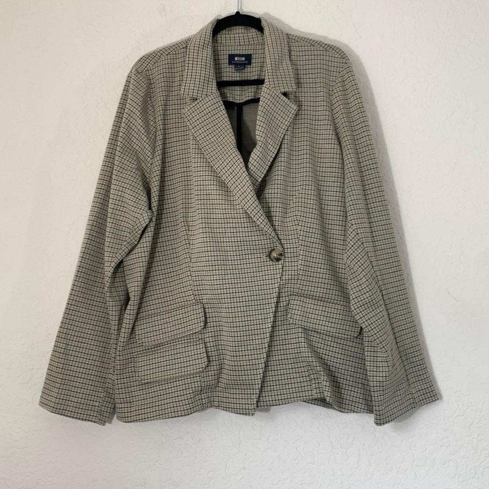 Maeve Anthropologie Blazer 2X Tan Black Plaid Collegiate Academia‎ Office Chic
